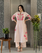Light Pink A-Line Round Kurta Pant Set With Dupatta