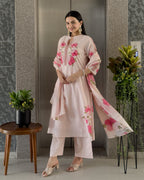 Light Pink A-Line Round Kurta Pant Set With Dupatta