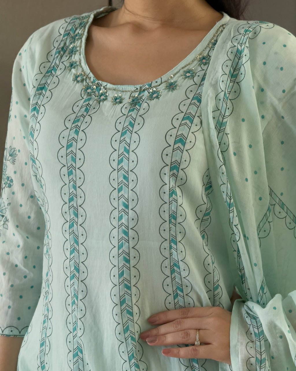 Sky A-Line Round Kurta Pant Set With Dupatta