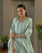 Sky A-Line Round Kurta Pant Set With Dupatta