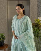 Sky A-Line Round Kurta Pant Set With Dupatta