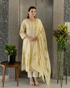 Light Yellow A-Line Round Kurta Pant Set With Dupatta