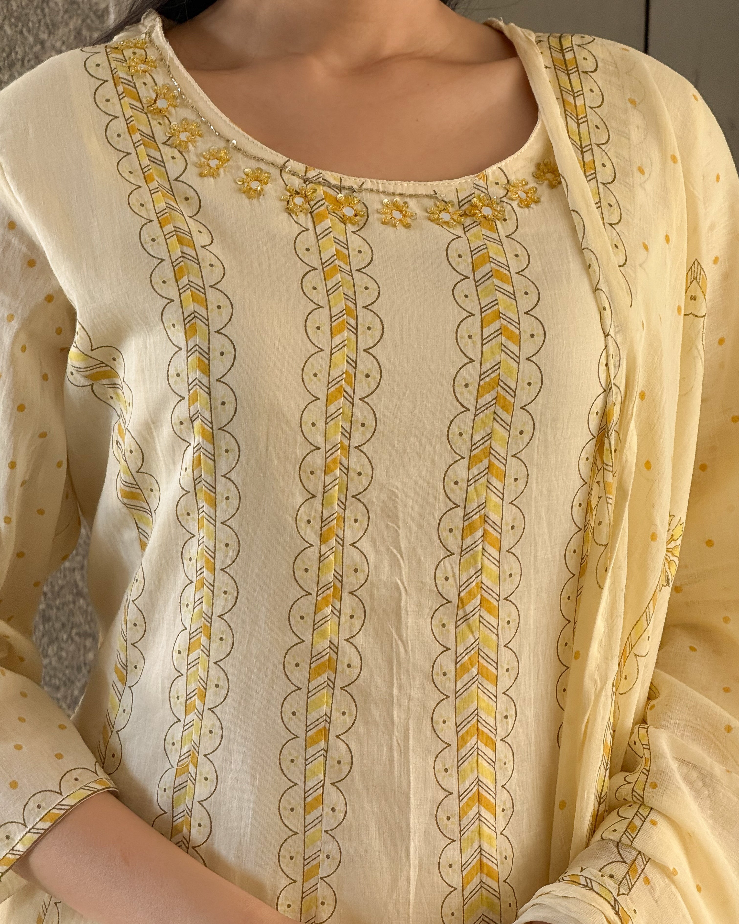 Light Yellow A-Line Round Kurta Pant Set With Dupatta
