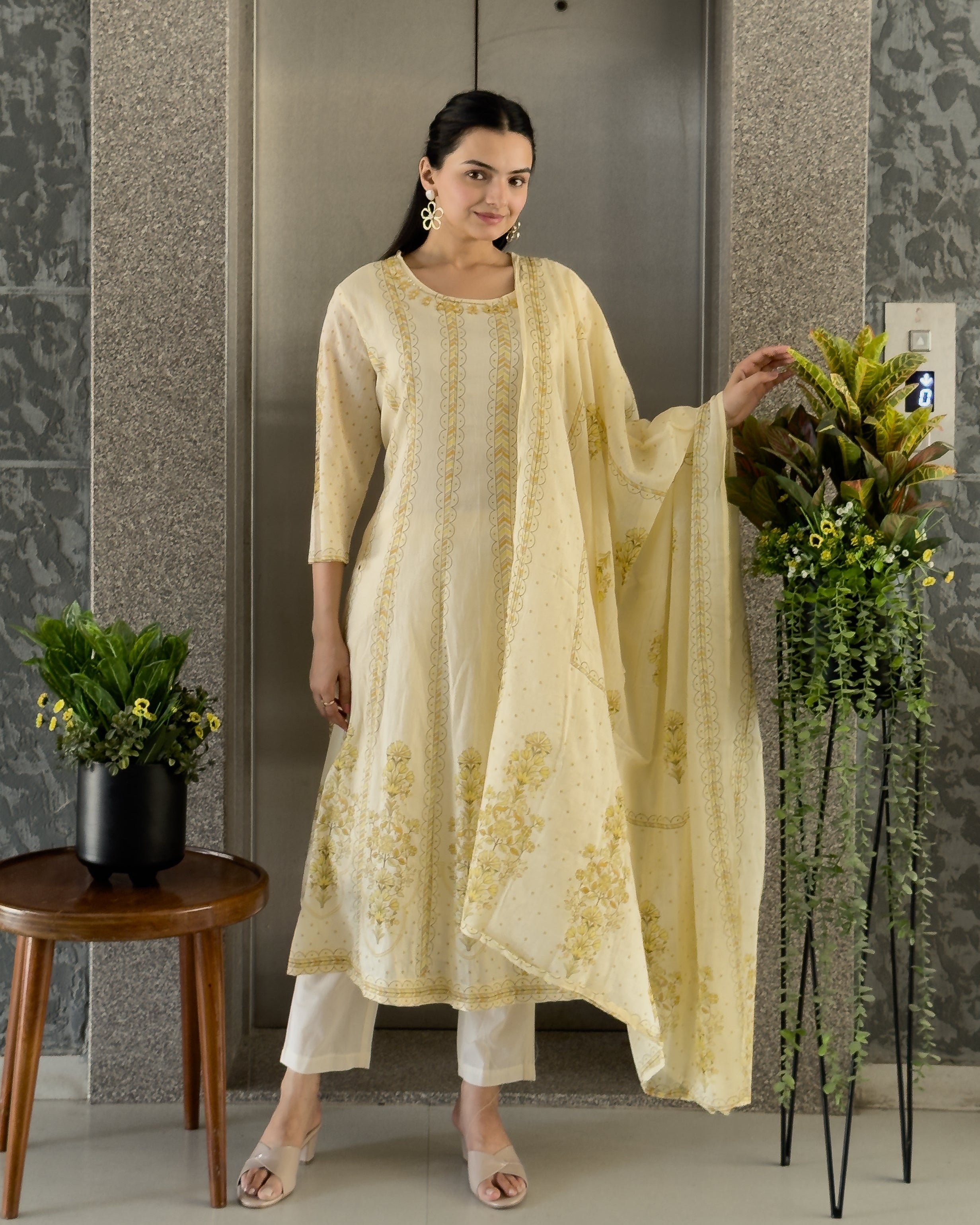 Light Yellow A-Line Round Kurta Pant Set With Dupatta