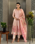 Baby Pink A-Line Round Kurta Pant Set With Dupatta