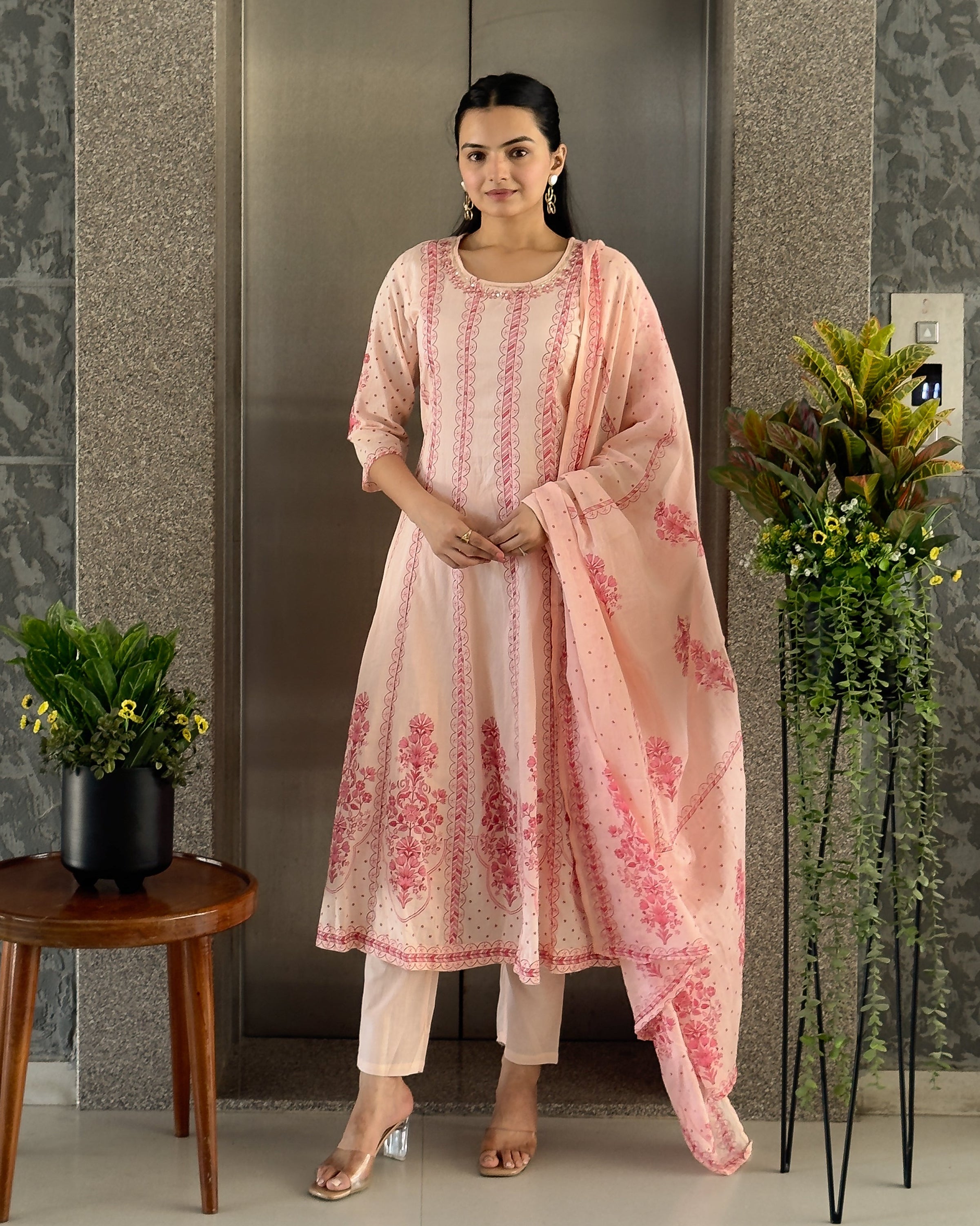 Baby Pink A-Line Round Kurta Pant Set With Dupatta