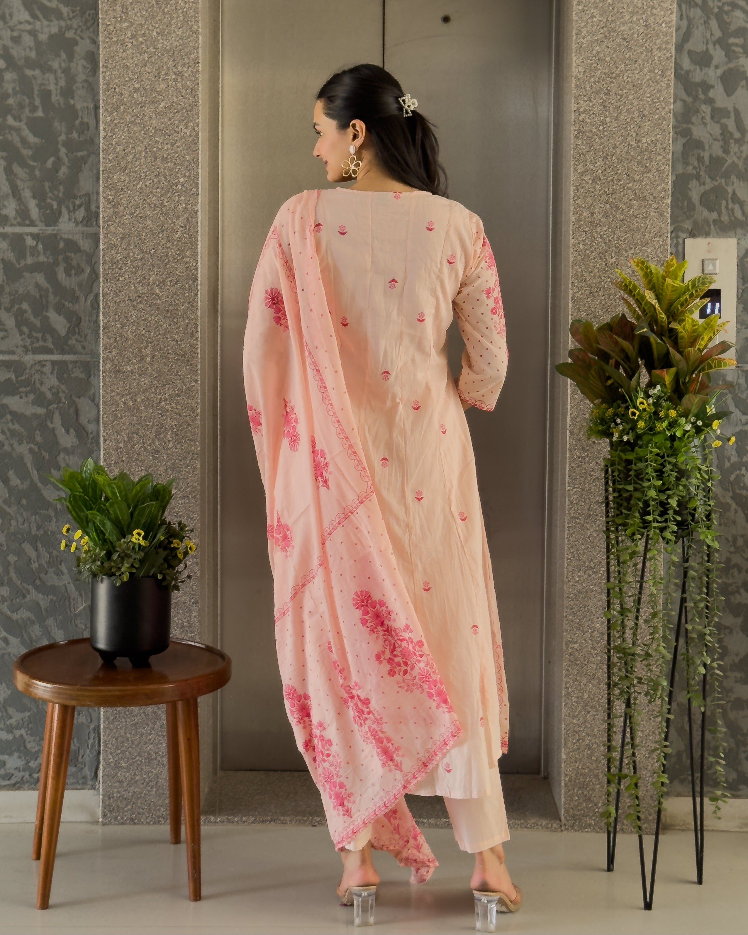 Baby Pink A-Line Round Kurta Pant Set With Dupatta