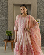 Baby Pink A-Line Round Kurta Pant Set With Dupatta