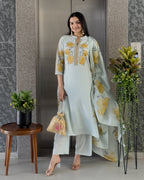 Light Pista A-Line Kurta Pant Set With Dupatta