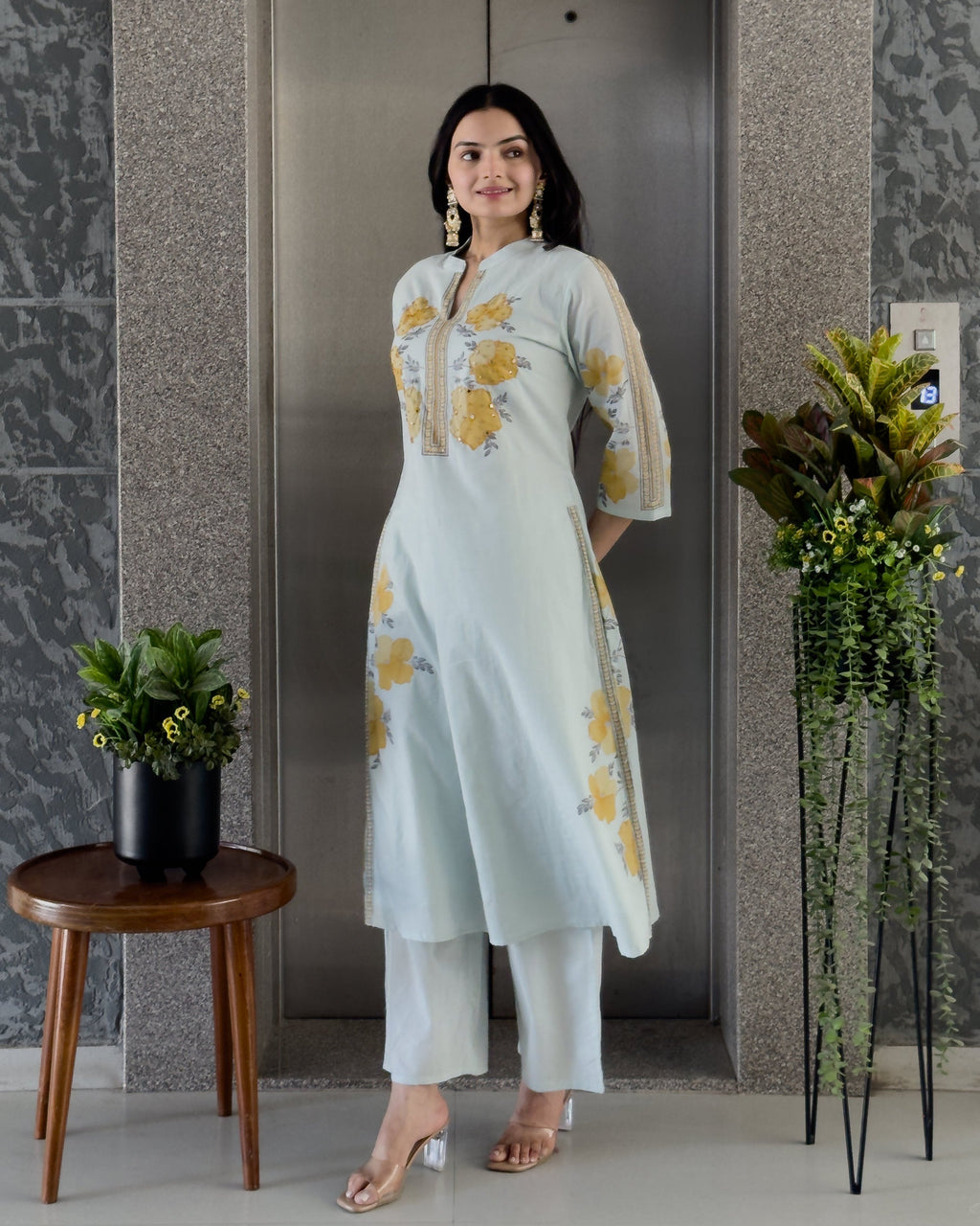 Light Pista A-Line Kurta Pant Set With Dupatta