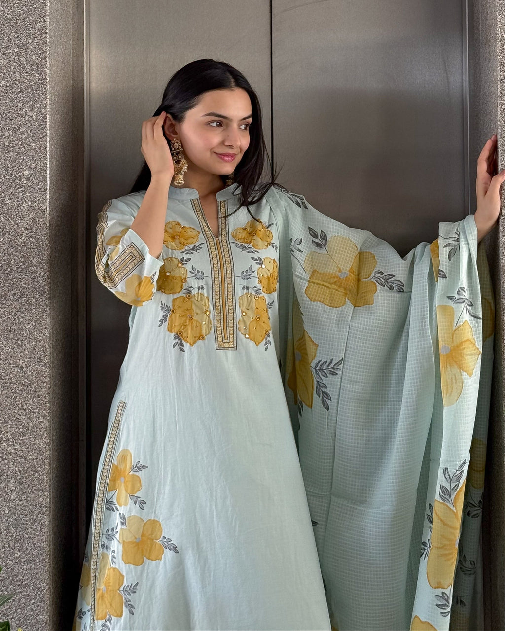 Light Pista A-Line Kurta Pant Set With Dupatta