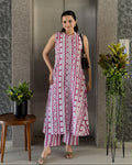 Pink A-Line Round Kurta Pant Set For Women