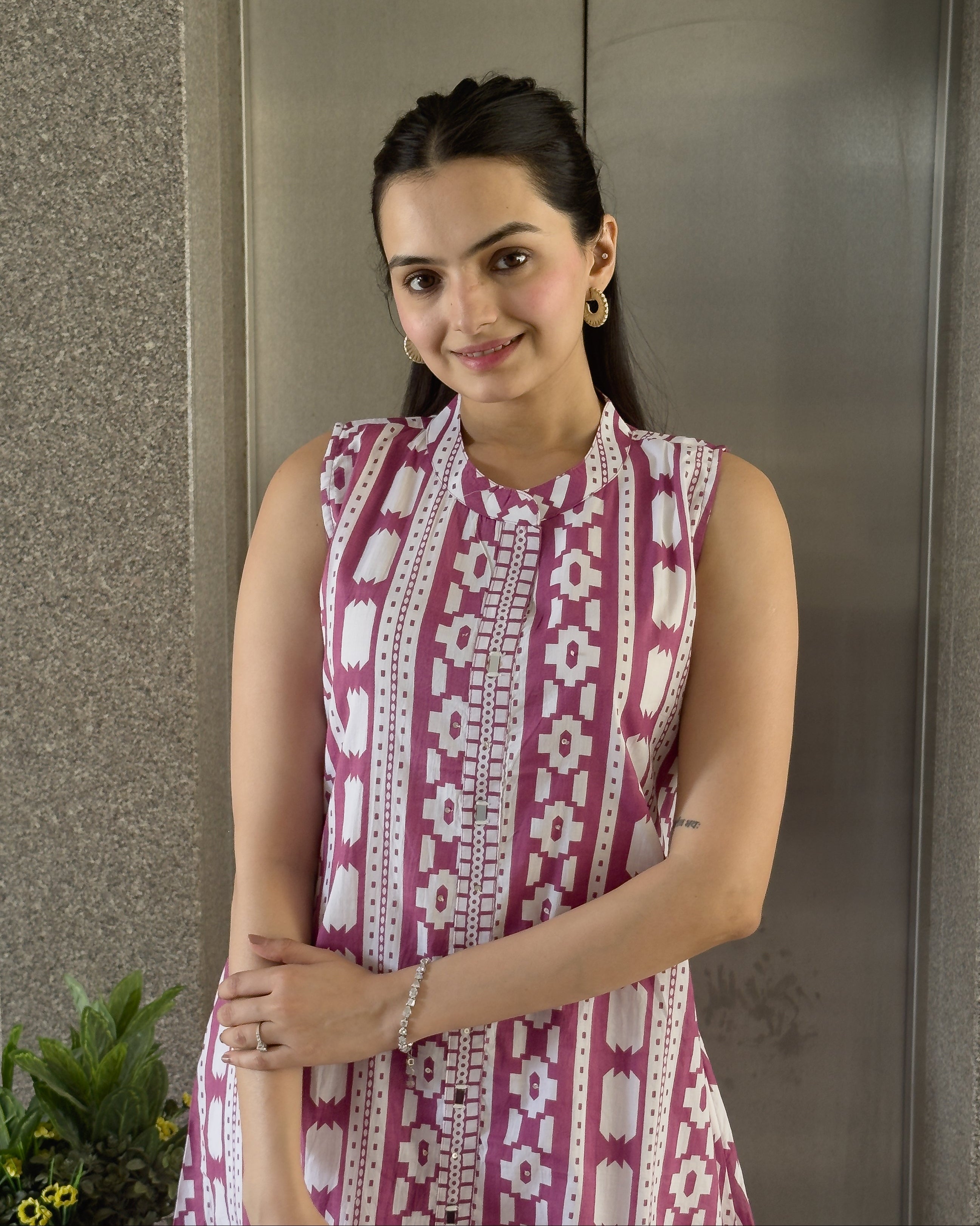 Pink A-Line Round Kurta Pant Set For Women
