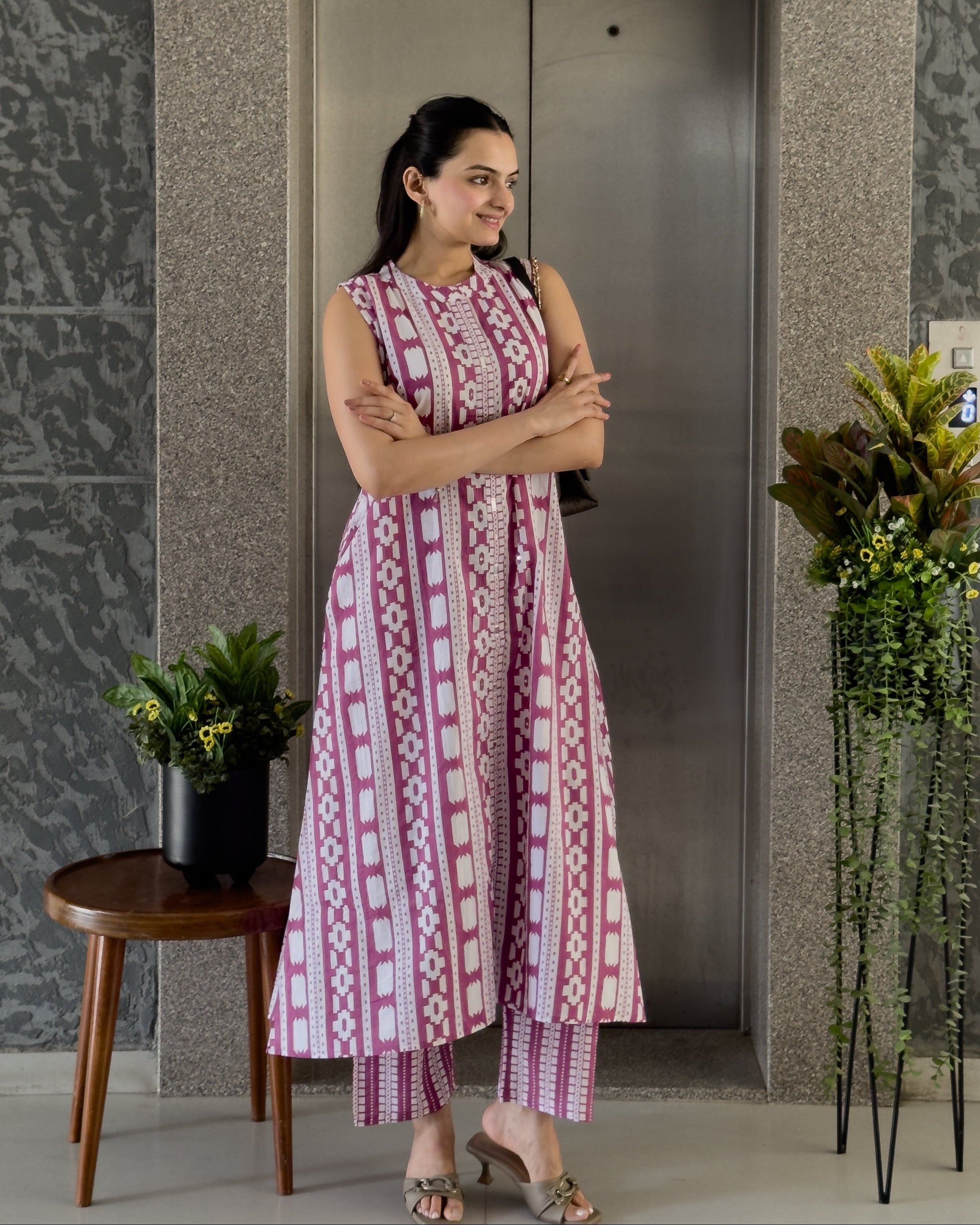 Pink A-Line Round Kurta Pant Set For Women