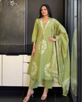 Pista A Line Kurta Pant Set With Dupatta  For Women