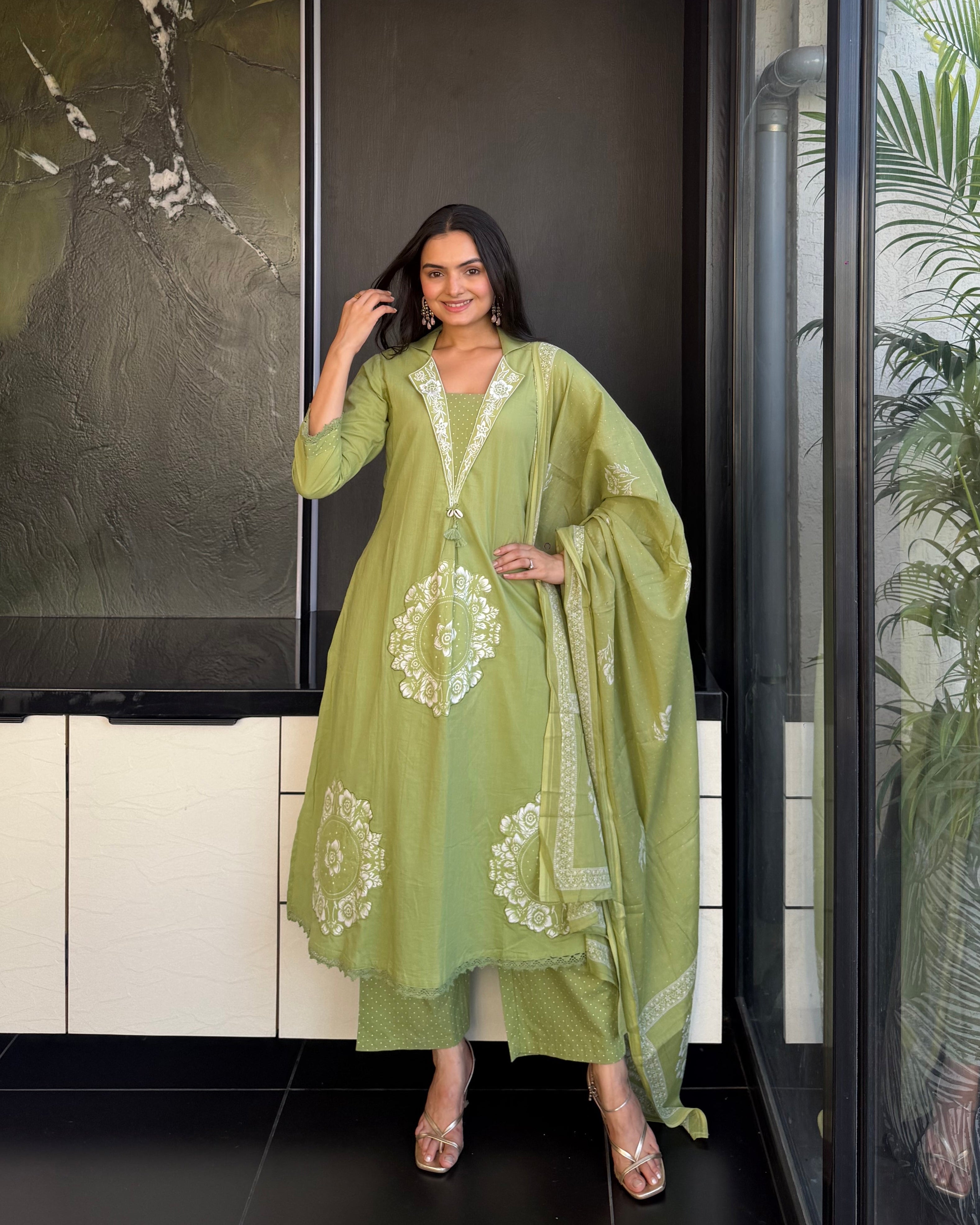 Pista A Line Kurta Pant Set With Dupatta  For Women
