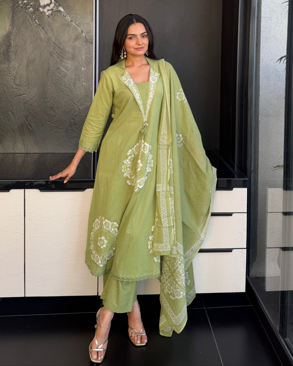 Pista A Line Kurta Pant Set With Dupatta  For Women