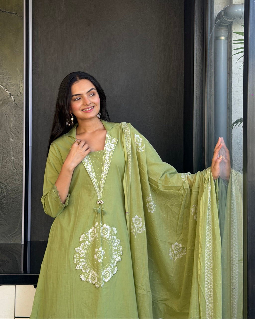 Pista A Line Kurta Pant Set With Dupatta  For Women
