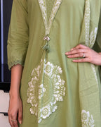 Pista A Line Kurta Pant Set With Dupatta  For Women