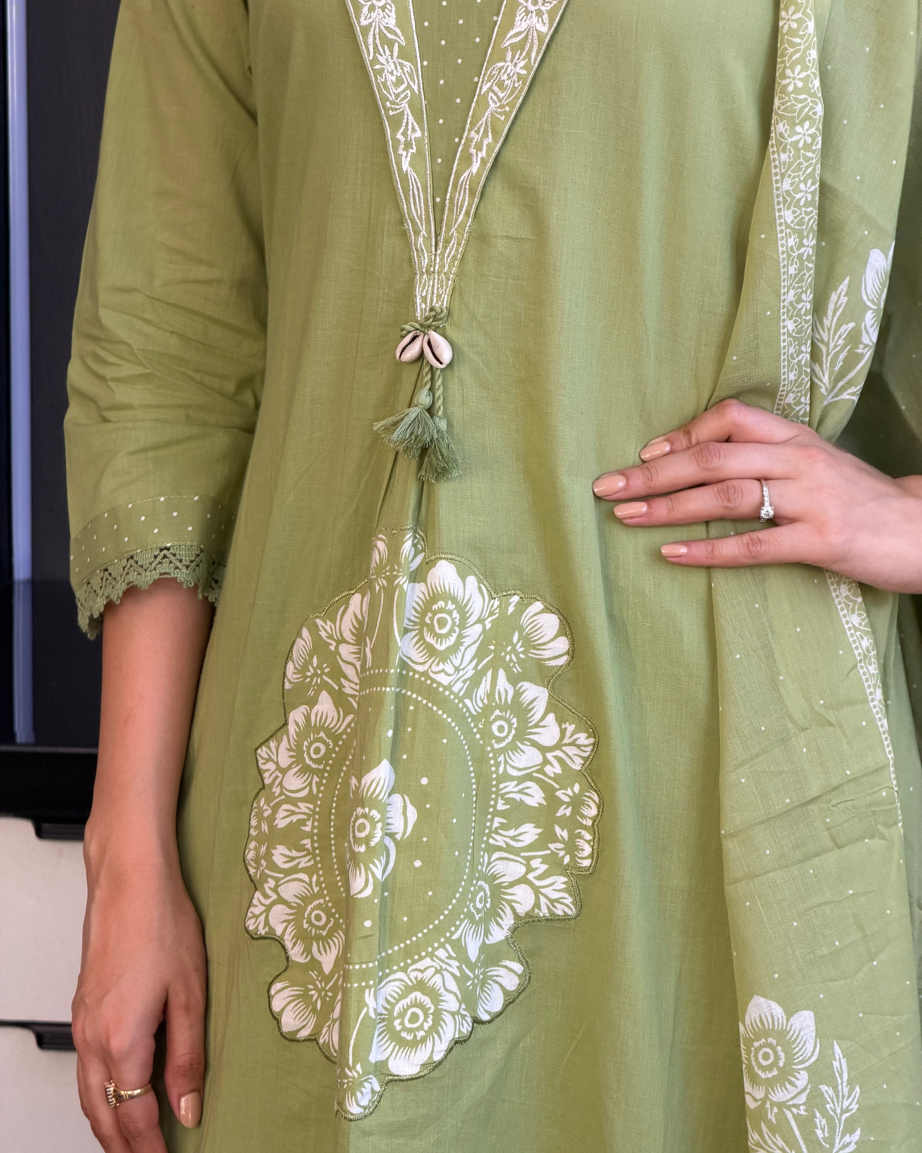 Pista A Line Kurta Pant Set With Dupatta  For Women