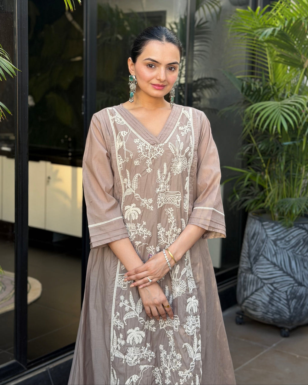 Gray A Line Kurta Pant Set With Dupatta  For Women