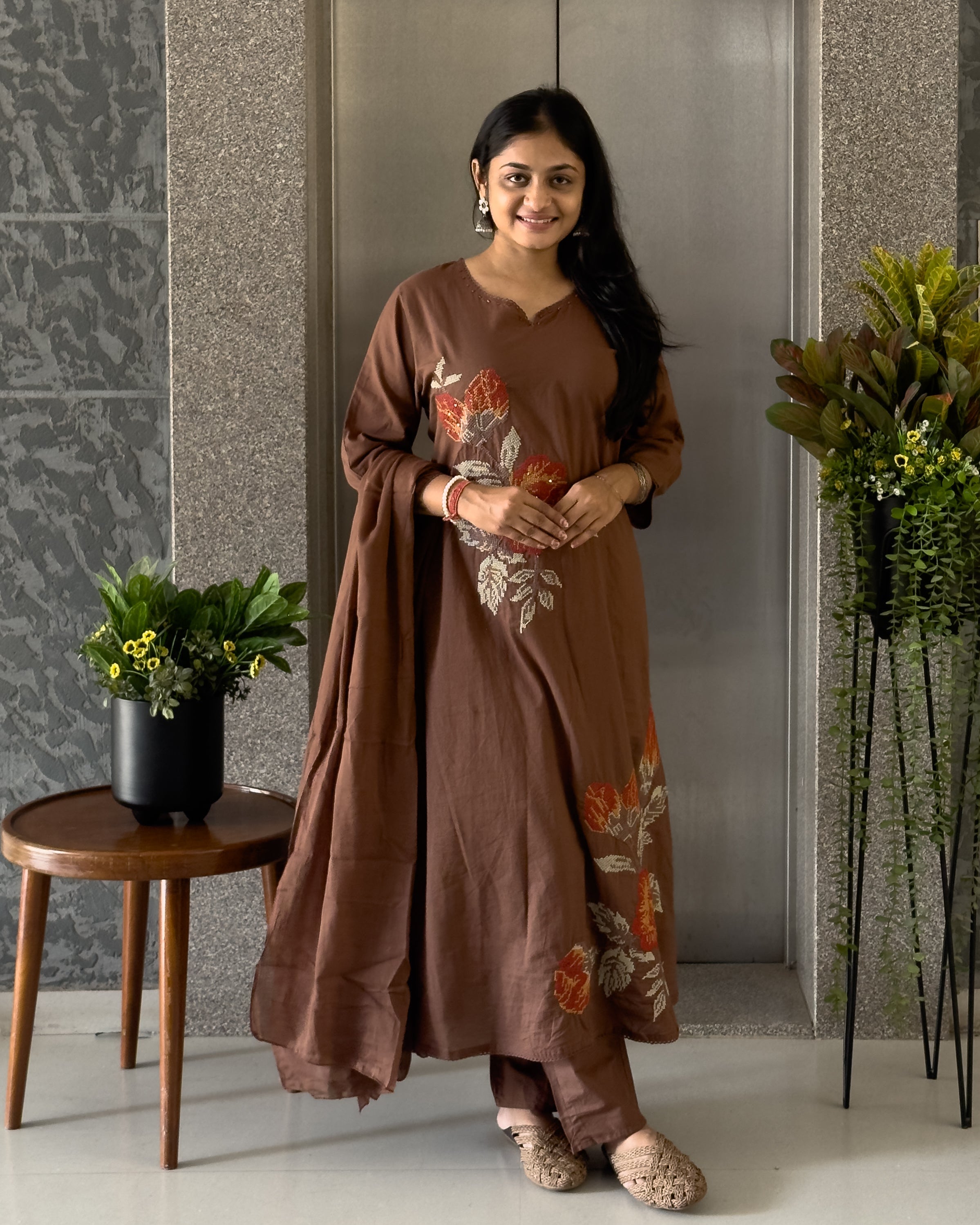 Brown A Line Kurta Pant Set With Dupatta  For Women