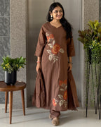Brown A Line Kurta Pant Set With Dupatta  For Women