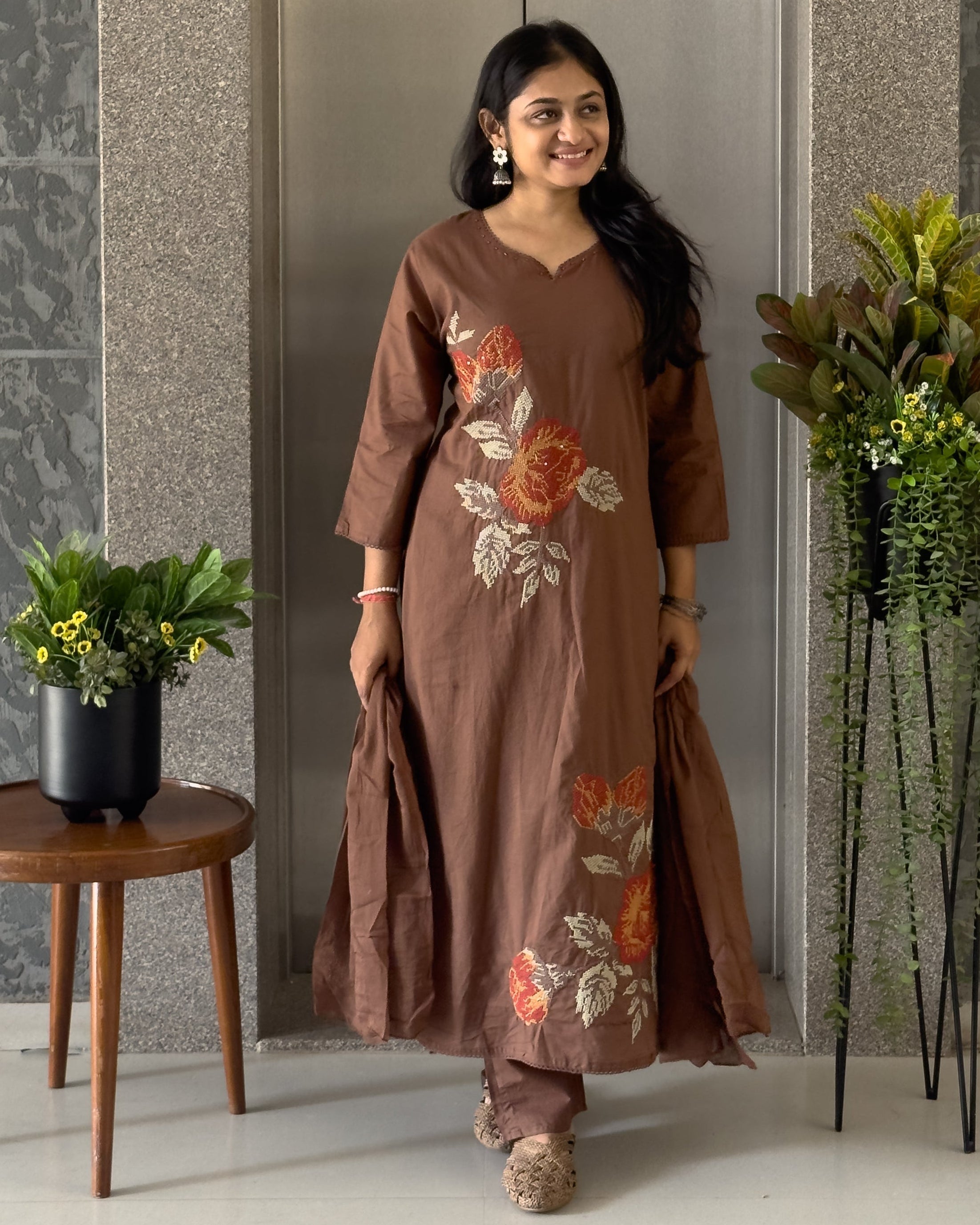 Brown A Line Kurta Pant Set With Dupatta  For Women