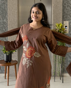 Brown A Line Kurta Pant Set With Dupatta  For Women