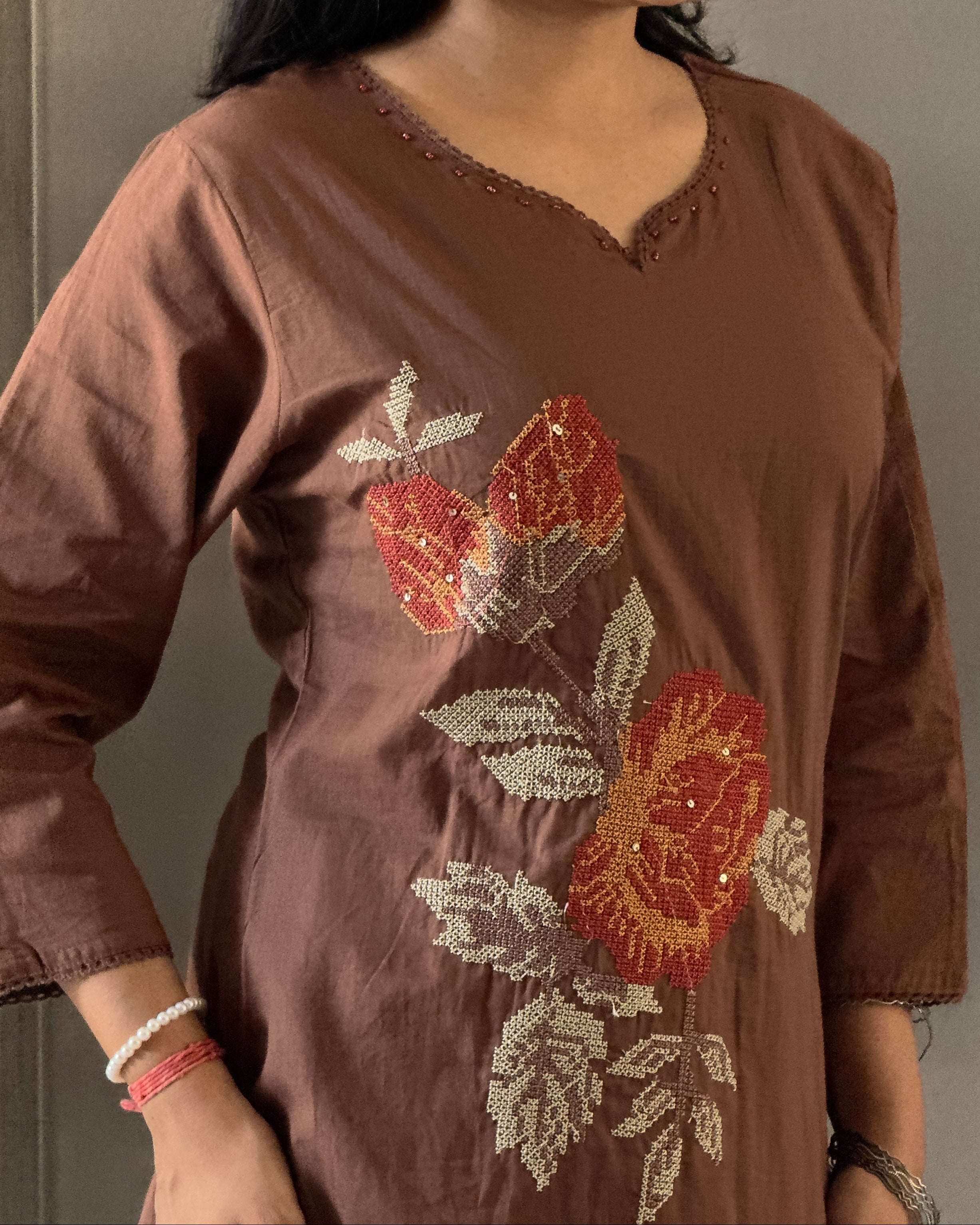 Brown A Line Kurta Pant Set With Dupatta  For Women