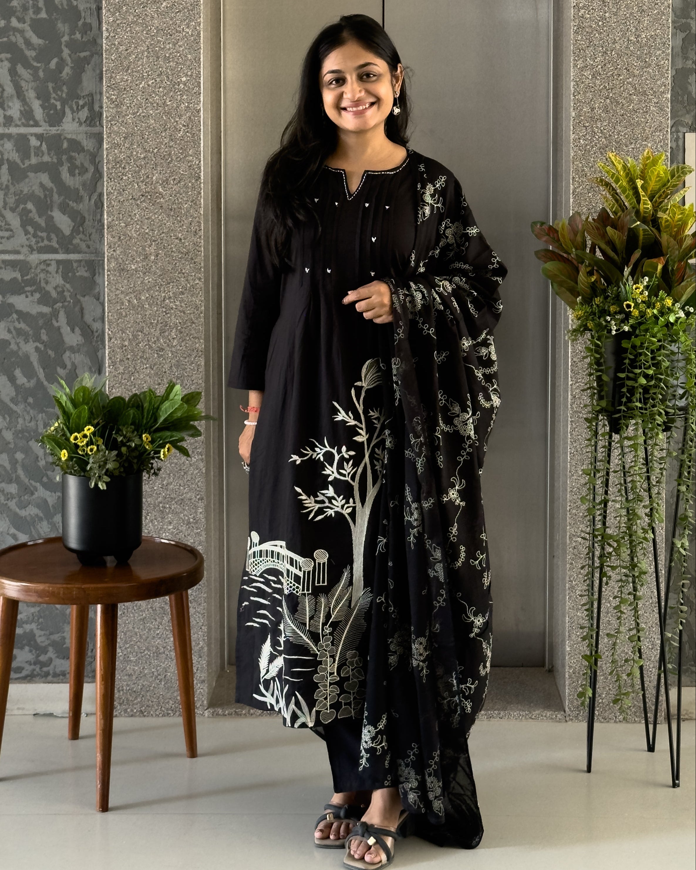 Black A Line Kurta Pant Set With Dupatta  For Women