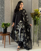 Black A Line Kurta Pant Set With Dupatta  For Women