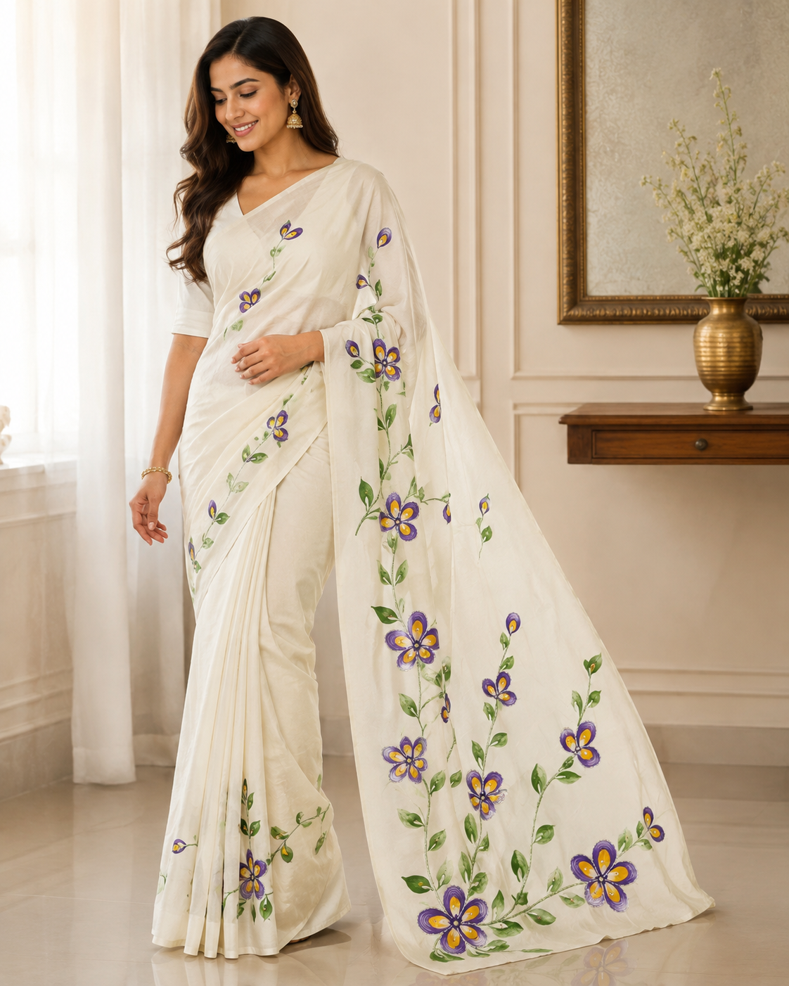 🤍Beautiful Floral Print White Saree🤍
