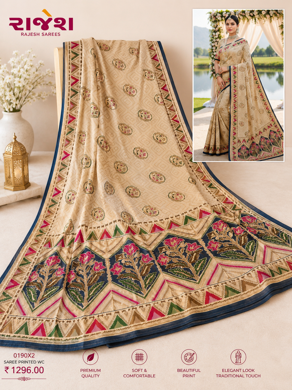 Elegant cream sober printed  saree