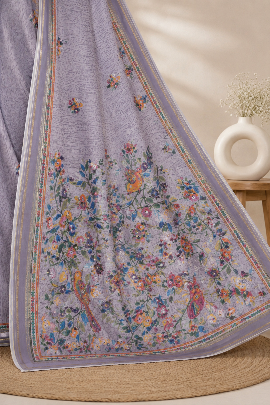Soft Linen Floral Embroidery Saree