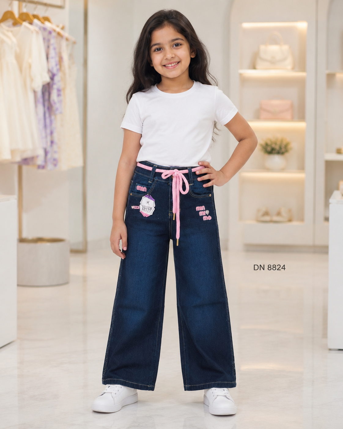 Girls Stylish Wide-Leg Denim Jeans