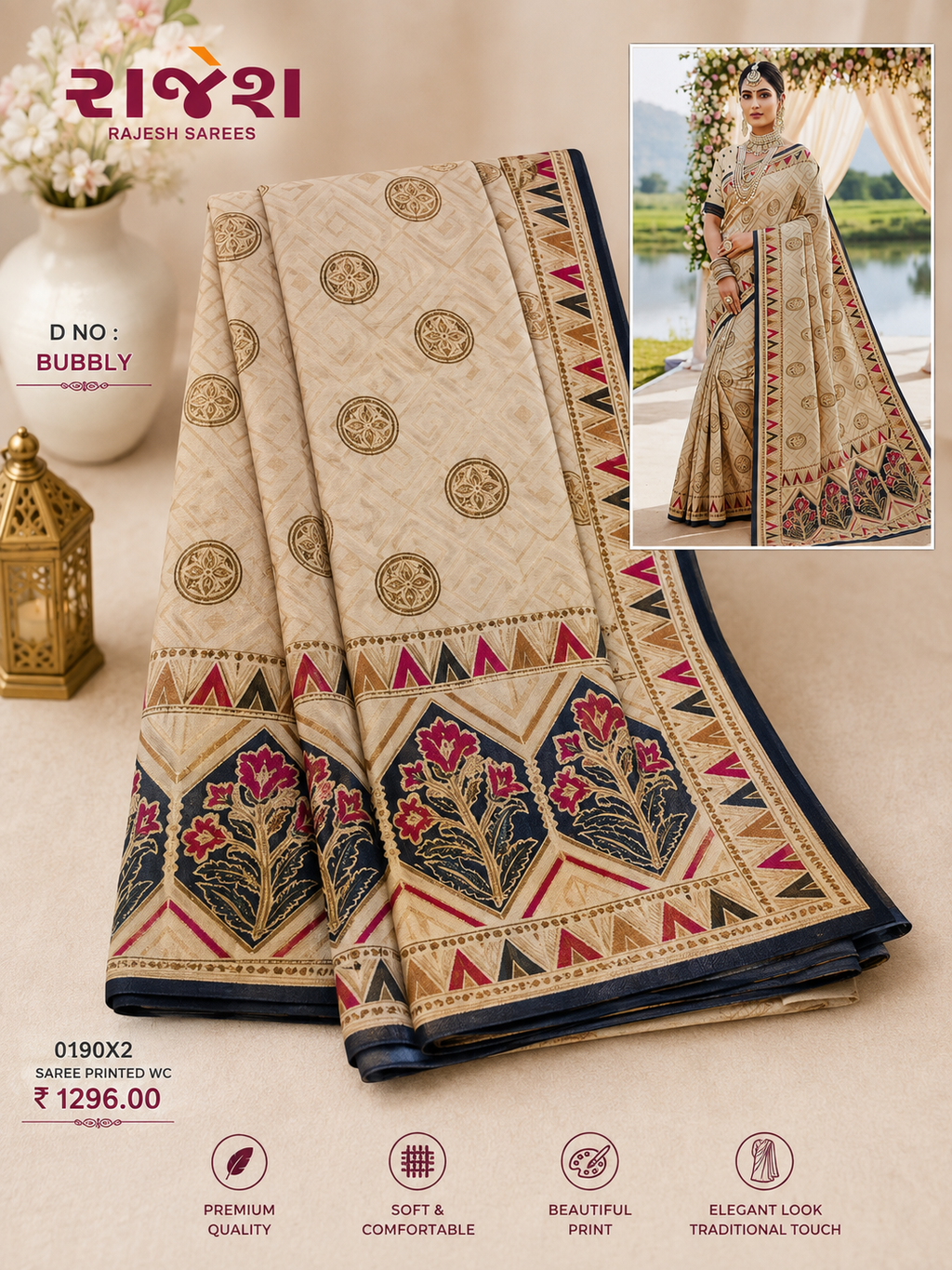 Elegant cream sober printed  saree