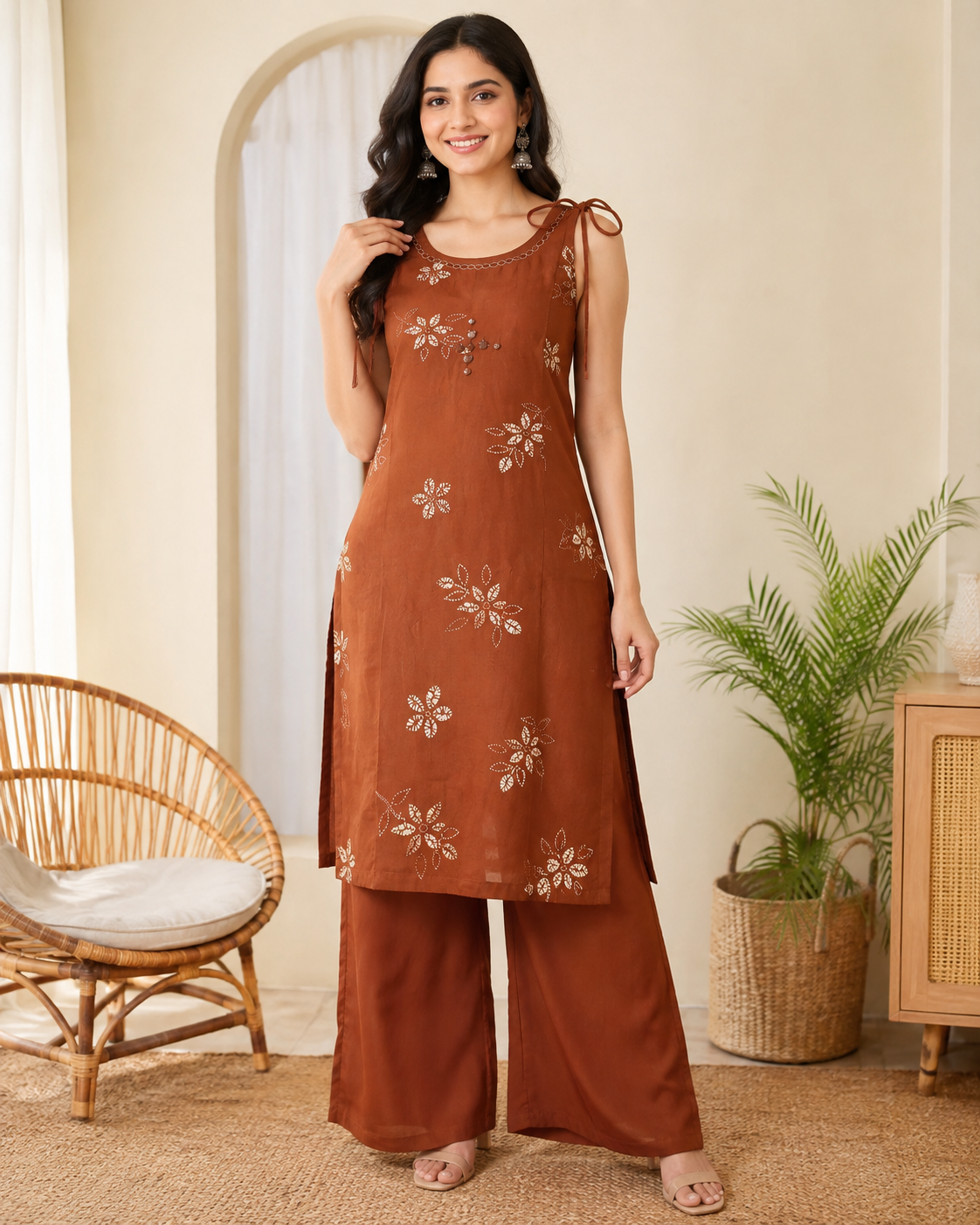 Kurti Pent Set with White Floral Print